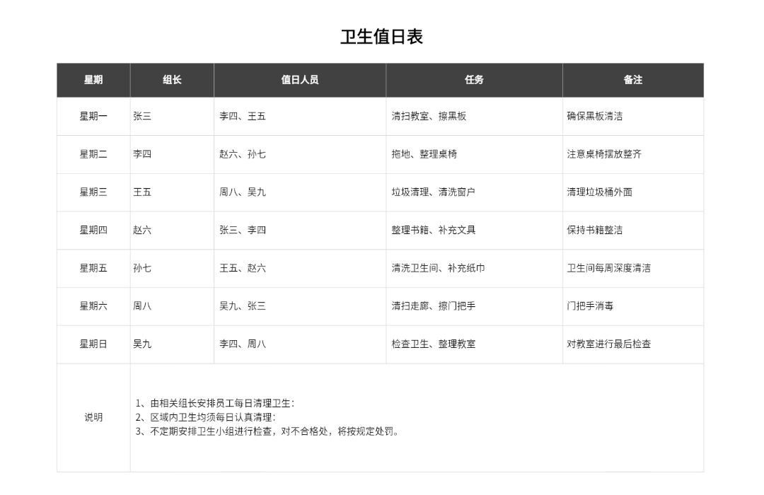 卫生值日表